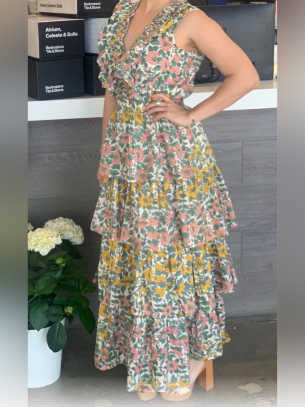 Anna Cate  Floral Tiered Maxi Dress in Pink, Yellow & Green Size M